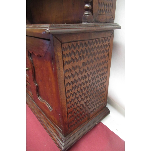 268 - Late C20th miniature Welsh dresser, two open shelves, with turned bobbin spindles, over three centra... 