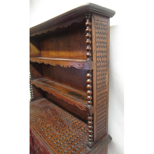 268 - Late C20th miniature Welsh dresser, two open shelves, with turned bobbin spindles, over three centra... 