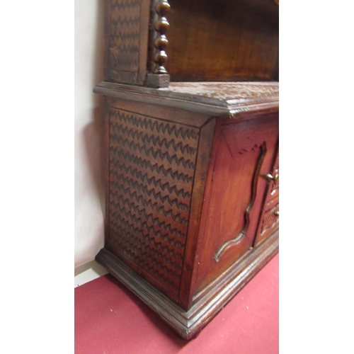 268 - Late C20th miniature Welsh dresser, two open shelves, with turned bobbin spindles, over three centra... 