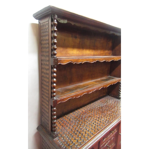 268 - Late C20th miniature Welsh dresser, two open shelves, with turned bobbin spindles, over three centra... 