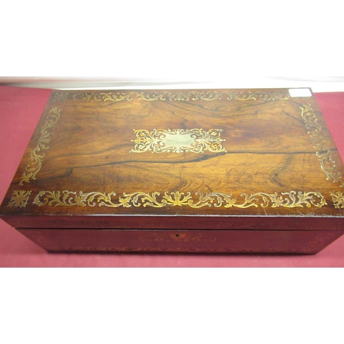 270 - C19th rosewood brass inlaid writing slope desk, top extensively inlaid with scrolling foliate border... 