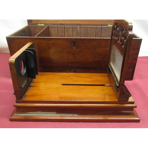 272 - Victorian mahogany table top stereo card viewer with folding eye piece and sliding objective, pierce... 