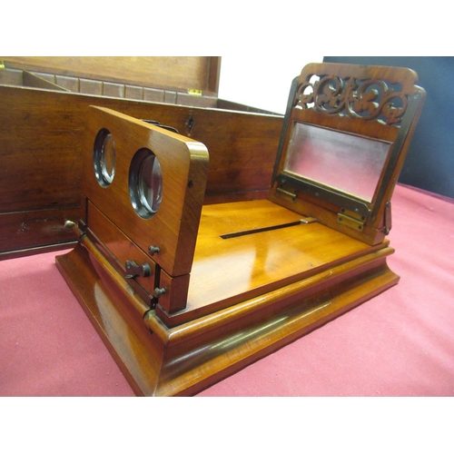 272 - Victorian mahogany table top stereo card viewer with folding eye piece and sliding objective, pierce... 