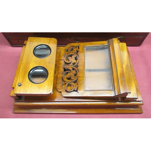 272 - Victorian mahogany table top stereo card viewer with folding eye piece and sliding objective, pierce... 