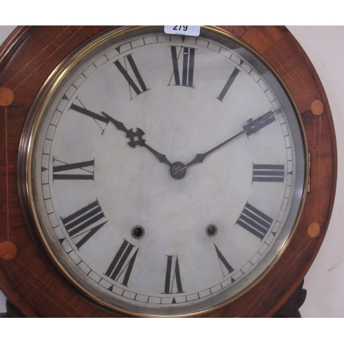 279 - Late C19th/early C20th American inlaid walnut drop dial wall clock, brass bezel enclosing painted 30... 