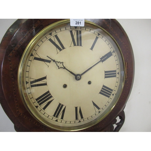 281 - Late C19th/early C20th inlaid walnut drop dial wall clock, brass bezel enclosing painted 30cm dial, ... 