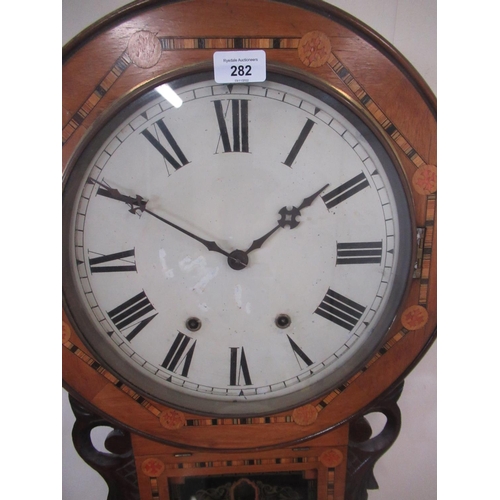 282 - Late C19th/early C20th American inlaid walnut drop dial wall clock, brass bezel enclosing painted 30... 