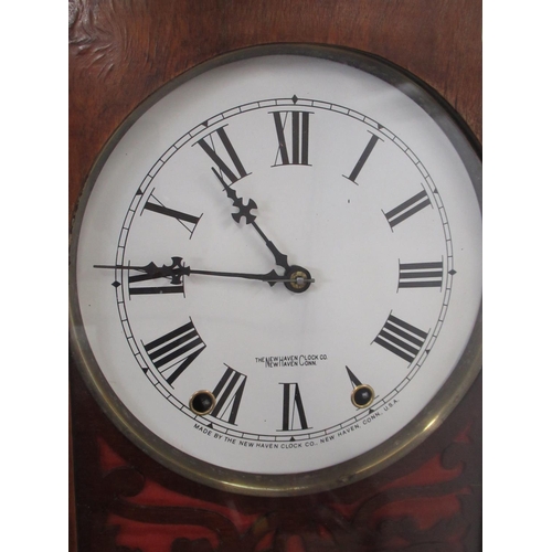 286 - Newhaven Clock Company, Newhaven, Conn late C19th inlaid walnut wall clock, pierced and carved pedim... 