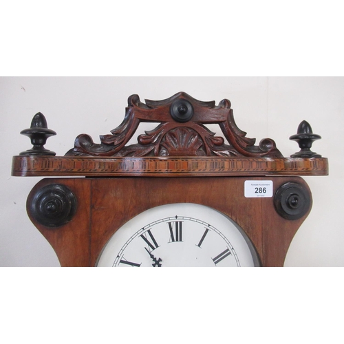 286 - Newhaven Clock Company, Newhaven, Conn late C19th inlaid walnut wall clock, pierced and carved pedim... 