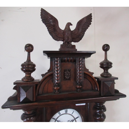 290 - Early C20th continental walnut cased Vienna style wall clock, pediment crested with eagle and turned... 