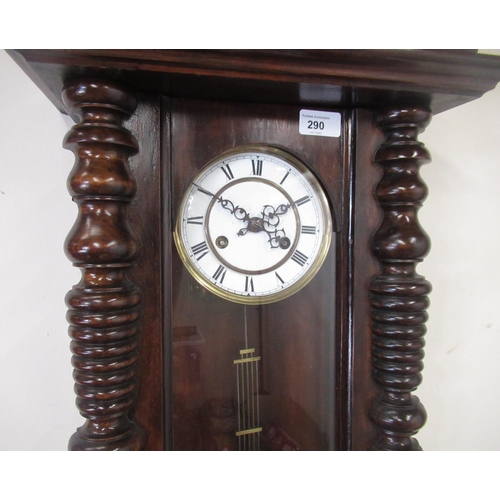 290 - Early C20th continental walnut cased Vienna style wall clock, pediment crested with eagle and turned... 