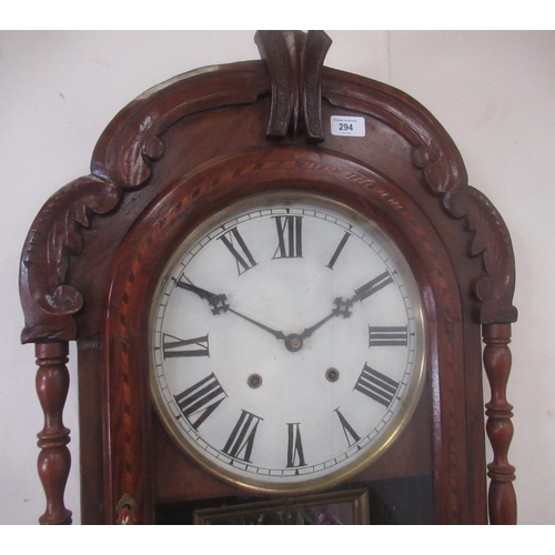 294 - Late C19th American walnut cased wall clock, carved decorated case with inlaid Tunbridge wear bandin... 