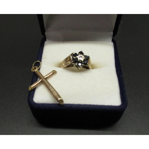 151 - 9ct gold hallmarked sapphire and diamond cluster ring, and a 9ct gold crucifix pendant, gross 3.6g (... 