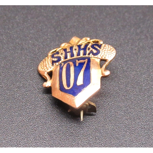 152 - 14k gold and enamel American High School badge stamped 14k