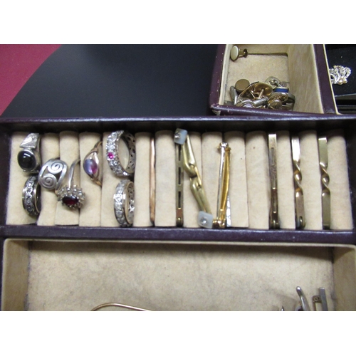 156 - Collection of costume jewellery incl. three 9ct and silver rings, tie-pins, pendants, etc and a coll... 