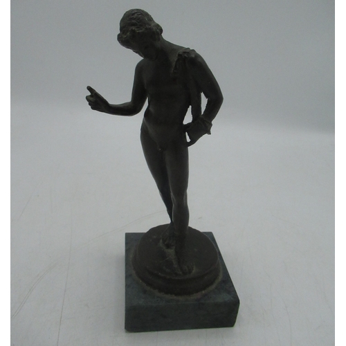 164 - Grand Tour style bronze model of a Greek, standing on circular base and green marble plinth, H17cm