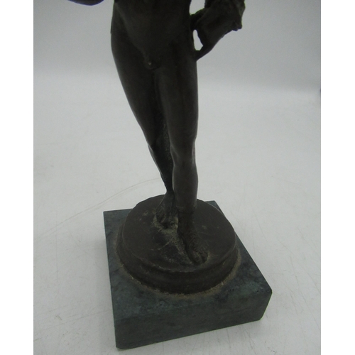 164 - Grand Tour style bronze model of a Greek, standing on circular base and green marble plinth, H17cm