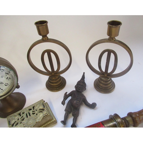 165 - Pair of Wiener Werkstätte style brass candlesticks, patinated model of Mr Punch, Art Nouveau style b... 