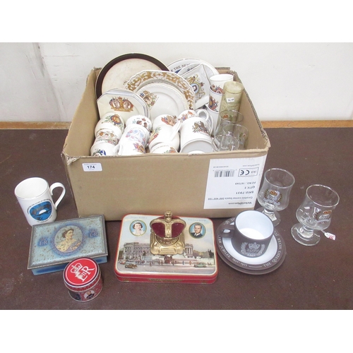 174 - Large collection of post 1902 Commemorative items incl. mugs and plates, tins, glassware, ER11 pincu... 