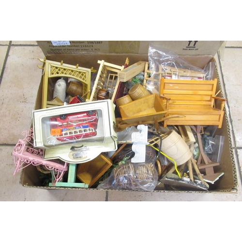 187 - Large collection of dolls house and garden furniture and accessories incl. rugs, clothing etc, two P... 