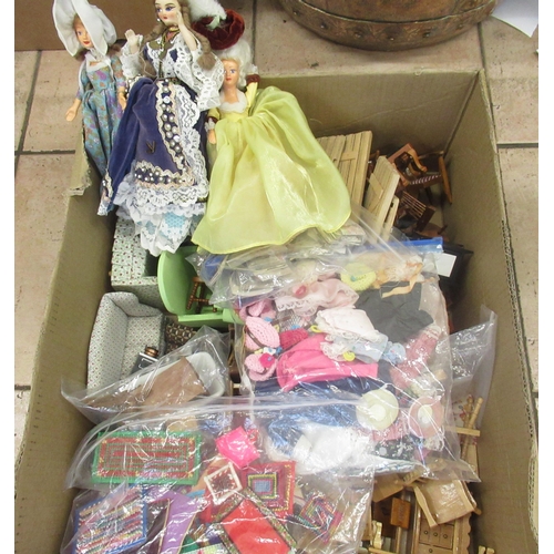 187 - Large collection of dolls house and garden furniture and accessories incl. rugs, clothing etc, two P... 