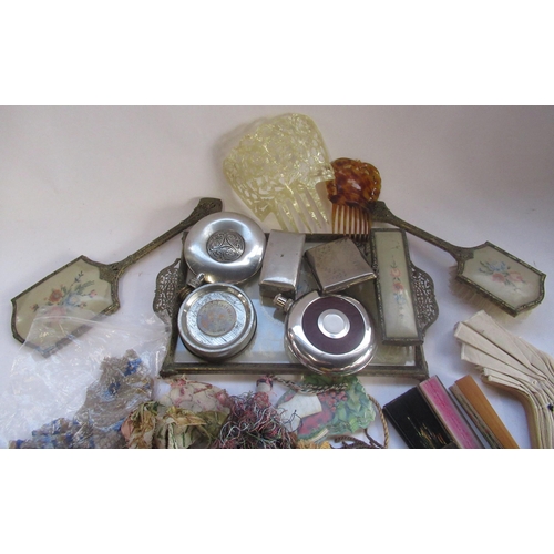 189 - C20th embroidery backed four-piece dressing table set, EPNS evening purse, three metal hip flasks, R... 