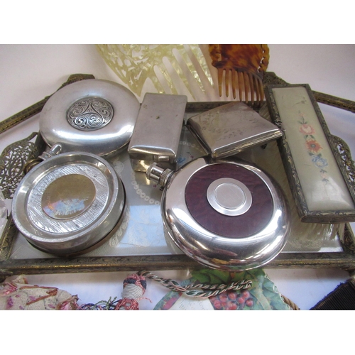 189 - C20th embroidery backed four-piece dressing table set, EPNS evening purse, three metal hip flasks, R... 