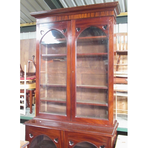 230 - Victorian mahogany bookcase, with moulded cornice above four glazed doors, W135cm D55cm H265cm