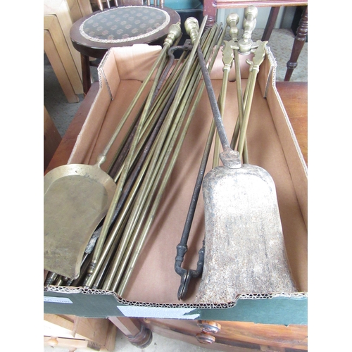 233 - Set of eighteen brass stair rods, three brass fire tools and two iron fire tools, (qty)