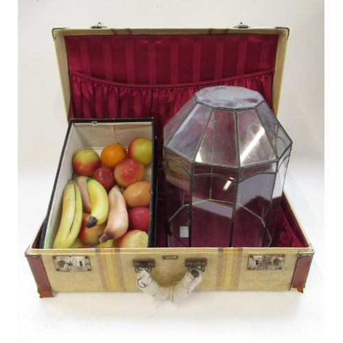 142 - Collection of waxed fruit apples, bananas etc (15), small atrium H38cm and a Vintage leather bound s... 
