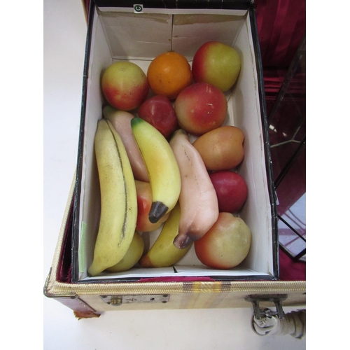 142 - Collection of waxed fruit apples, bananas etc (15), small atrium H38cm and a Vintage leather bound s... 