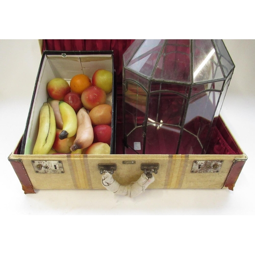 142 - Collection of waxed fruit apples, bananas etc (15), small atrium H38cm and a Vintage leather bound s... 