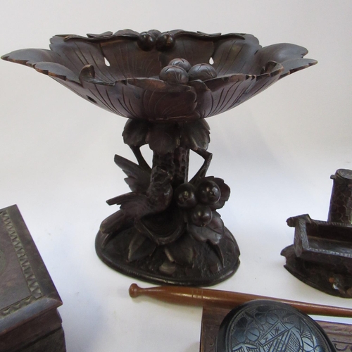 143 - Black Forest carved wooden fruit bowl H20cm (A/F), similar tambour top cigarette box carved Grindelw... 