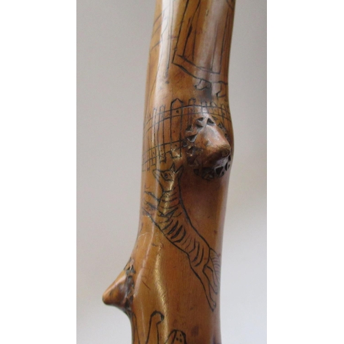 144 - Victorian naïve walking stick, handle carved as a male face with glass eyes, all over penwork decora... 