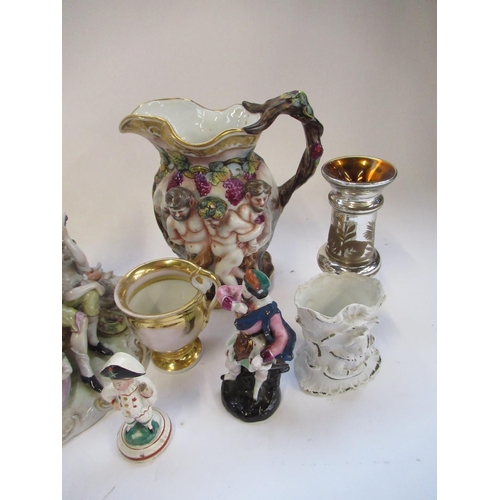 183 - Collection of Continental ceramics incl. two handled vase, large figure group, Italian jug with Bacc... 