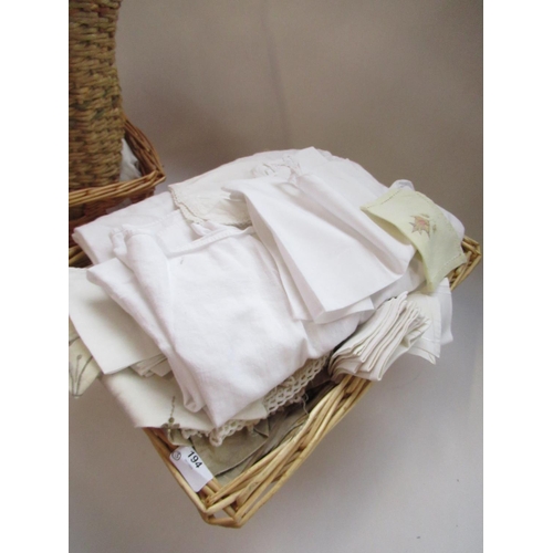 194 - Collection of cotton and other table linen incl. cloths, napkins etc, part finished modern sampler e... 