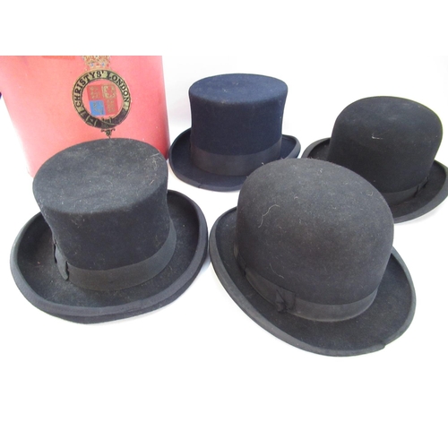 195 - Dunne & Co. and Knox black Bowler hats, grey Top hat size 71/2, Wilson & Stafford blue Top hat, unco... 