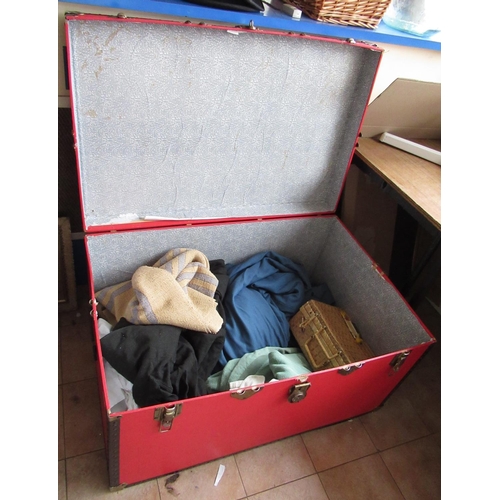 201 - Large red trunk containing various clothing incl. Hunting jacket with gilt buttons, Devlin & Co. blu... 