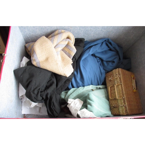 201 - Large red trunk containing various clothing incl. Hunting jacket with gilt buttons, Devlin & Co. blu... 