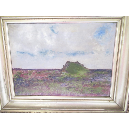 206 - English School (C20th); 'Little Almias Cliff Harrogate' rocky outcrop in an extensive landscape, oil... 