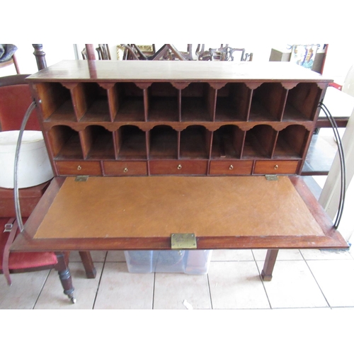 220 - Victorian and later Campaign style secretaire, fall front with fitted interior on stand with square ... 