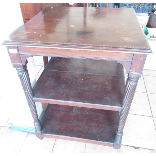 221 - C19th large mahogany three tier what-not, on wrythen turned tapering supports, W70cm D70cm H90cm