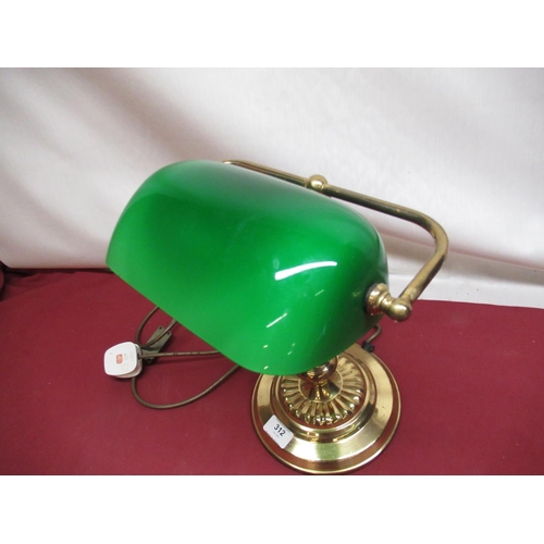 312 - Concept Lighting C20th Victorian style bankers lamp with green tinted shade on circular brass base, ... 