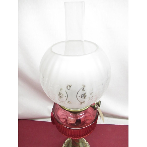 317 - Late C19th oil lamp with frosted and etched shade, cylindrical cranberry faceted reservoir on rope t... 