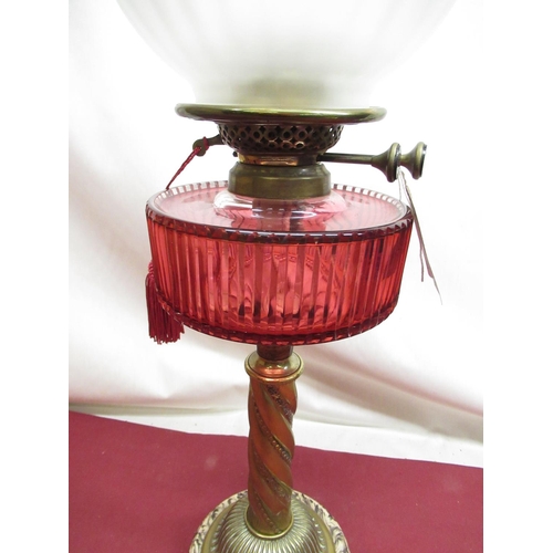 317 - Late C19th oil lamp with frosted and etched shade, cylindrical cranberry faceted reservoir on rope t... 