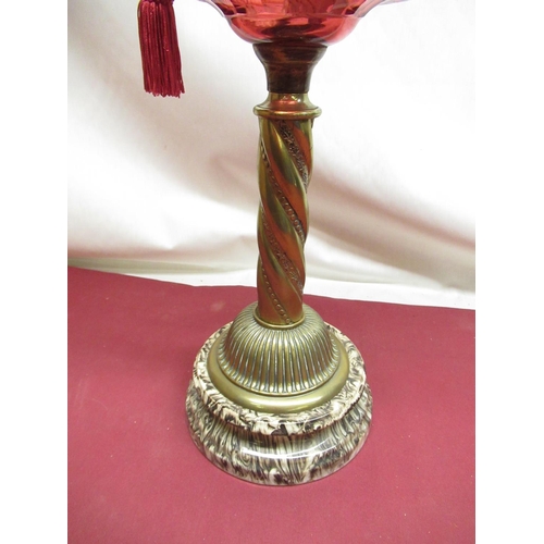 317 - Late C19th oil lamp with frosted and etched shade, cylindrical cranberry faceted reservoir on rope t... 