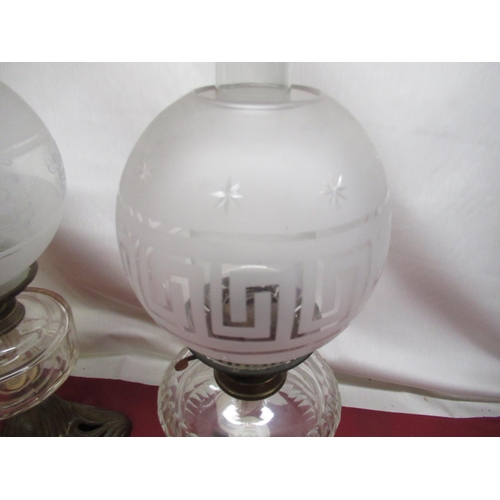 319 - Late C19th oil lamp with clear and frosted glass shade with Greek key decoration, clear faceted glas... 