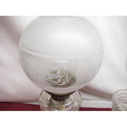 319 - Late C19th oil lamp with clear and frosted glass shade with Greek key decoration, clear faceted glas... 