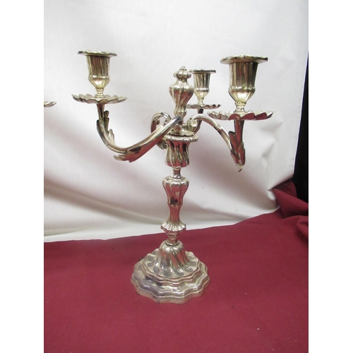 131 - Pair of C20th EPNS rococo design three branch candelabra with scrolled rustic arms, converted to ele... 