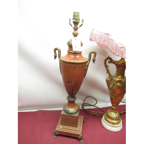 132 - C20th toleware neo-classical design table lamp, with urn shaped body, swan neck and acanthus leaf ha... 